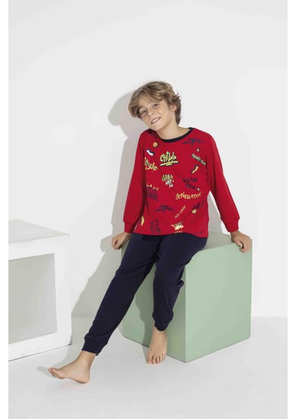 Erkek Çocuk Renkli Baskılı Uzun Kol Pijama Takımı - Interlok Kumaş 7413K modelleri