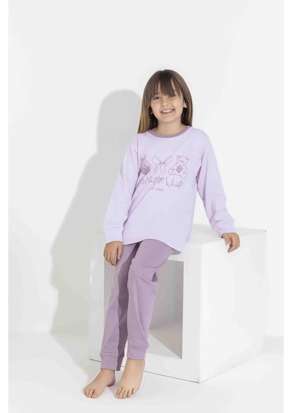 Kız Çocuk Interlok Pijama Takımı Uzun Kollu Rahat Kesim 8407 Lila indirimleri