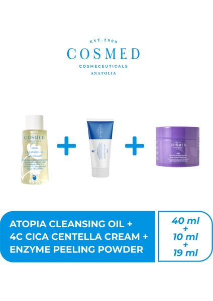 3lü Mini Set Cosmed Atopia 4c Cica Centella Cream 10 ml + Cosmed Alight Enzyme Peeling Powder 19 gr + Cosmed Cleansing Oil 40 ml