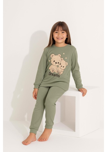 Kız Çocuk Uzun Kollu Pamuklu Ayıcık Baskılı Pijama Takımı 8404Y fırsatları