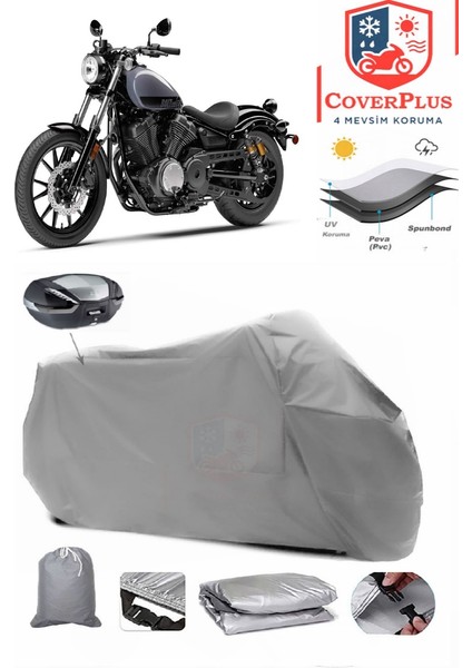 Yamaha Xvs 950 Cu Arka Çanta Uyumlu (Gri) Motorsiket Brandası Motor Örtüsü Çadır Su Geçirmez Motosiklet Kılıfı Motor Brandası