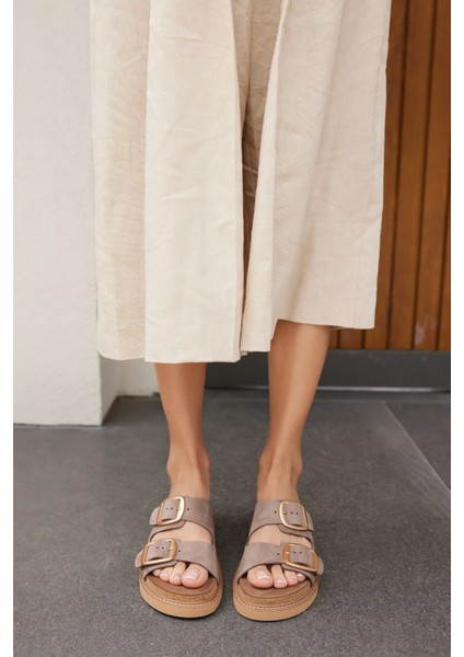 Vıola Kadın Vızon Nubuk Gercek Derı Tokalı Terlık