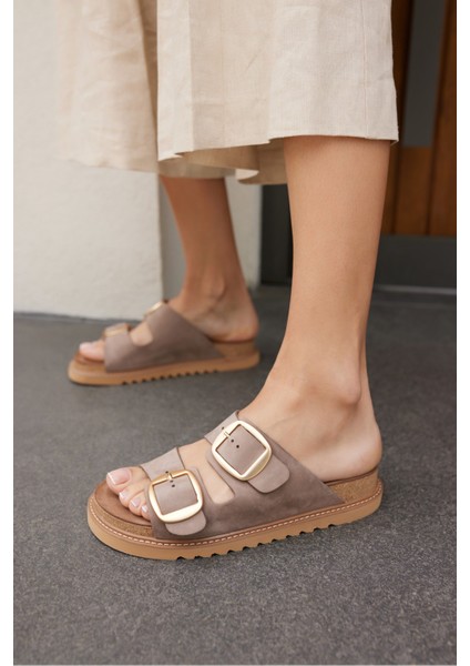 Vıola Kadın Vızon Nubuk Gercek Derı Tokalı Terlık