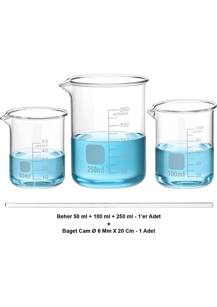 Beher Cam Set 50-100-250 ml / Kısa Form + Baget Cam Ø 6 mm x 30 cm Hediye