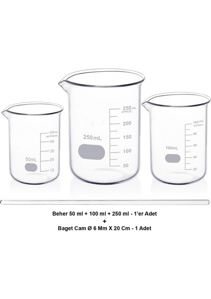 Beher Cam Set 50-100-250 ml / Kısa Form + Baget Cam Ø 6 mm x 30 cm Hediye fiyatları