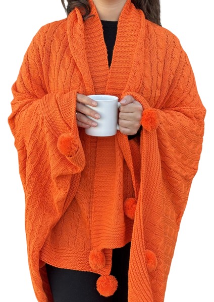 Ponponlu Triko Örme Tv Battaniyesi–örgü Koltuk & Omuz Şalı & Diz BATTANIYESI–130X170 Cm-Turuncu fiyatları