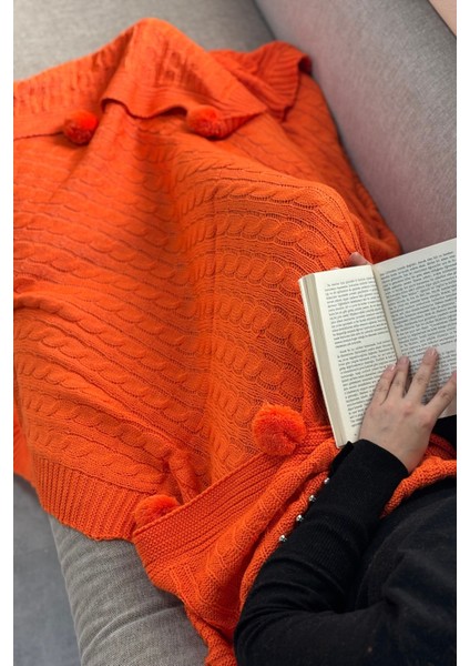 Ponponlu Triko Örme Tv Battaniyesi–örgü Koltuk & Omuz Şalı & Diz BATTANIYESI–130X170 Cm-Turuncu modelleri