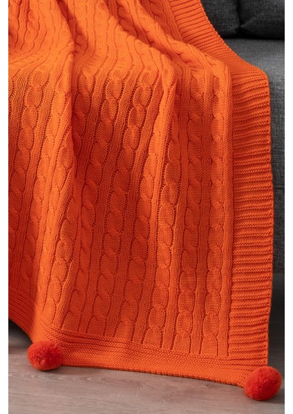 Ponponlu Triko Örme Tv Battaniyesi–örgü Koltuk & Omuz Şalı & Diz BATTANIYESI–130X170 Cm-Turuncu fırsatları