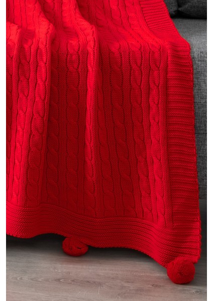Ponponlu Triko Örgü Battaniye-Örgü Koltuk Şalı & Diz BATTANIYESI-130X170 Cm-Kırmızı modelleri