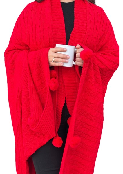 Ponponlu Triko Örgü Battaniye-Örgü Koltuk Şalı & Diz BATTANIYESI-130X170 Cm-Kırmızı fırsatları