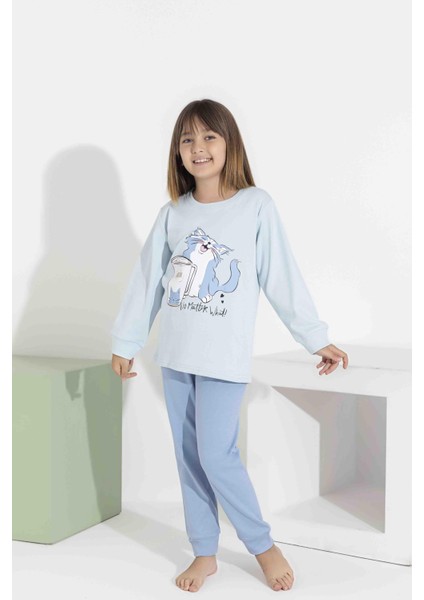 Kız Çocuk Uzun Kollu Pijama Takımı - Sevimli Kedi Desenli 8411 Mavi fırsatları