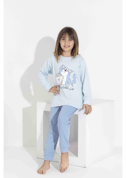 Kız Çocuk Uzun Kollu Pijama Takımı - Sevimli Kedi Desenli 8411 Mavi indirimleri