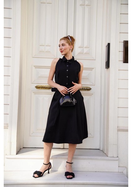 Gömlek Yaka Kemerli Elbise Siyah S255061