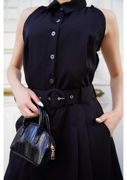 Gömlek Yaka Kemerli Elbise Siyah S255061