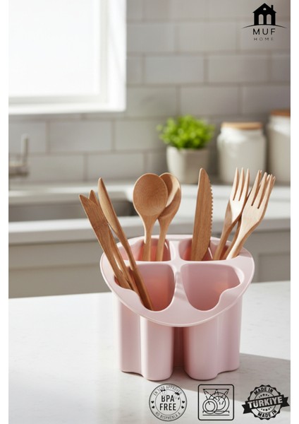 4 Bölmeli Tezgah Üstü Kaşıklık & Çatallık - Yonca Tasarımlı Kaşık Bıçak Düzenleyici - Asorti