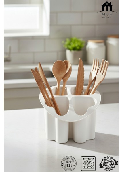 4 Bölmeli Tezgah Üstü Kaşıklık & Çatallık - Yonca Tasarımlı Kaşık Bıçak Düzenleyici - Asorti modelleri