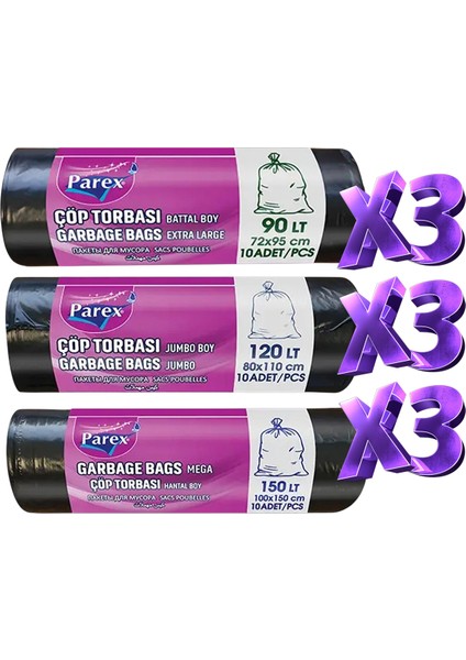 Professional Çöp Torbası Battal Jumbo ve Hantal Boy 9'lu Paket