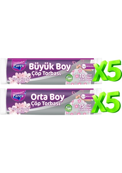 Büzgülü Çöp Torbası Kiraz Kokulu 5 Büyük ve 5 Orta Boy Set