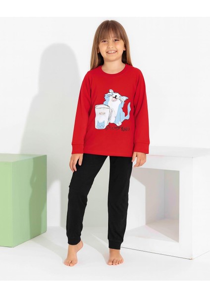 Kız Çocuk Uzun Kollu Pijama Takımı - Sevimli Kedi Desenli 8411 Kırmızı