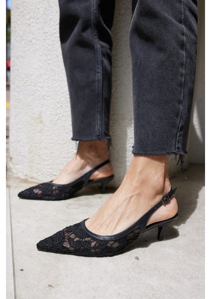 Gris Kadın Bej Dantel Tül Detay Mını Topuklu Ayakkabi