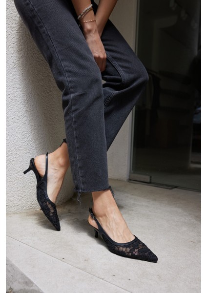 Gris Kadın Bej Dantel Tül Detay Mını Topuklu Ayakkabi