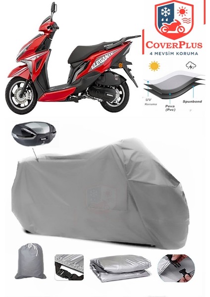 Mondial 125 Elegante Arka Çanta Uyumlu (Gri) Motorsiket Brandası Motor Örtüsü Çadır Su Geçirmez Motosiklet Kılıfı Motor Brandası