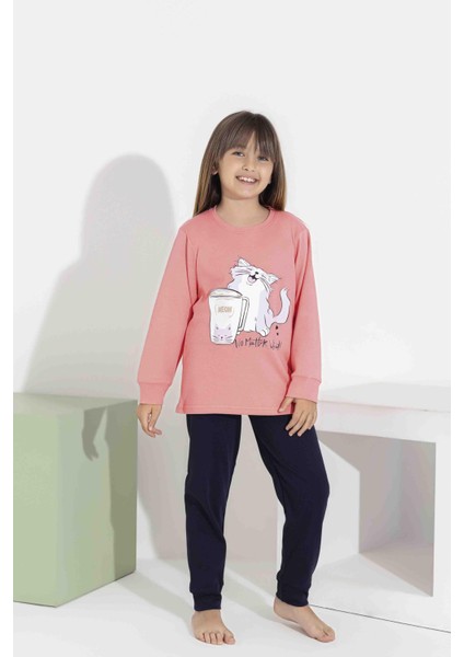 Kız Çocuk Uzun Kollu Pijama Takımı - Sevimli Kedi Desenli 8411 P fiyatları
