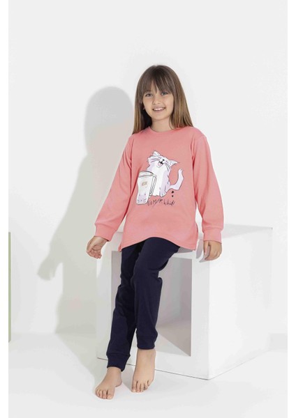 Kız Çocuk Uzun Kollu Pijama Takımı - Sevimli Kedi Desenli 8411 P indirimleri