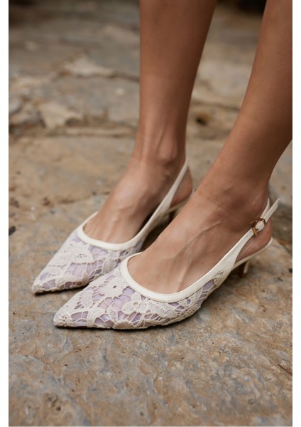 Gris Kadın Bej Dantel Tül Detay Mını Topuklu Ayakkabi fırsatları