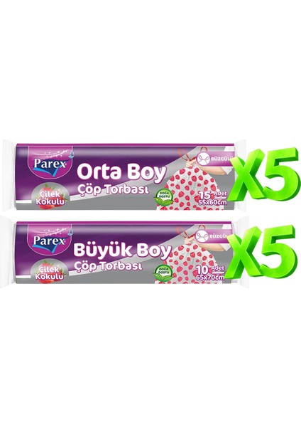 Büzgülü Çöp Torbası Çilek Kokulu 5 Büyük ve 5 Orta Boy Set