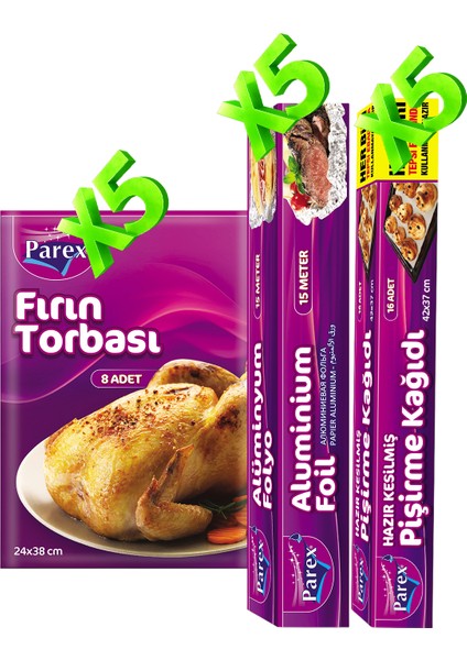 Kesilmiş Pişirme Kağıdı, Fırın Torbası ve Alüminyum Folyo 5'er Paket Set