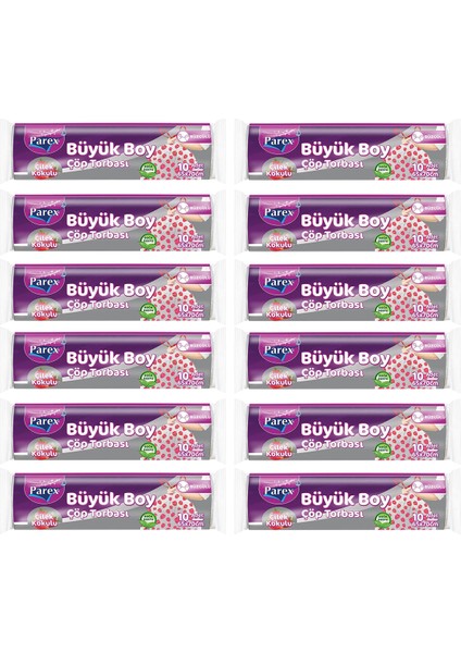 Premium 10'lu Büzgülü Çöp Torbası Çilek Kokulu Büyük Boy 65 x 70 cm Onikili Paket