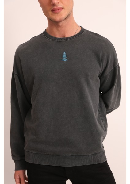 Antrasit Asit Yıkamalı Önü Baskılı Arkası Baskı ve Nakış Detaylı Sweatshirt modelleri