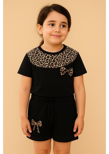 Leopar Desenli Siyah Kız Çocuk Şortlu Pijama Takımı –0910 fırsatları