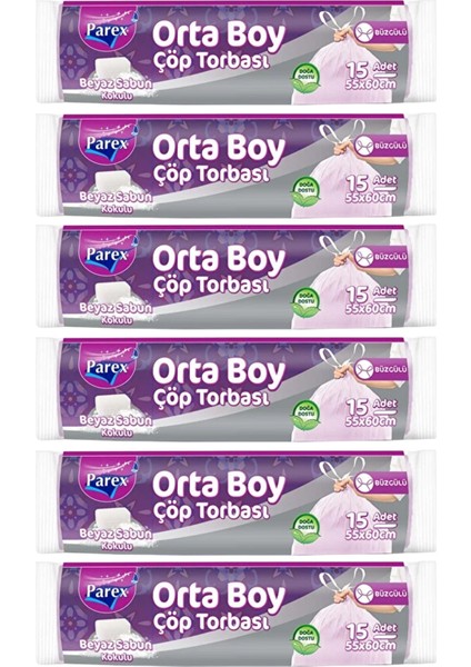 Büzgülü 15'li Çöp Torbası Beyaz Sabun Kokulu Orta Boy 55 x 60 cm Altılı Paket