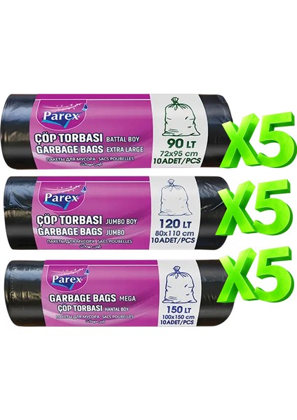 Professional 15 Paket Çöp Torbası Battal Jumbo ve Hantal Boy Set