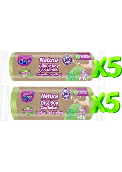 Natura Büzgülü Çöp Torbası 5 Orta Boy ve 5 Büyük Boy Paket