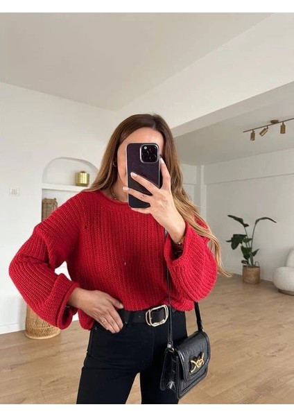 Salaş Delik Detaylı Kazak Kırmızı modelleri