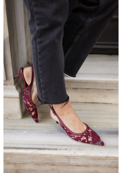 Gris Kadın Bej Dantel Tül Detay Mını Topuklu Ayakkabi modelleri