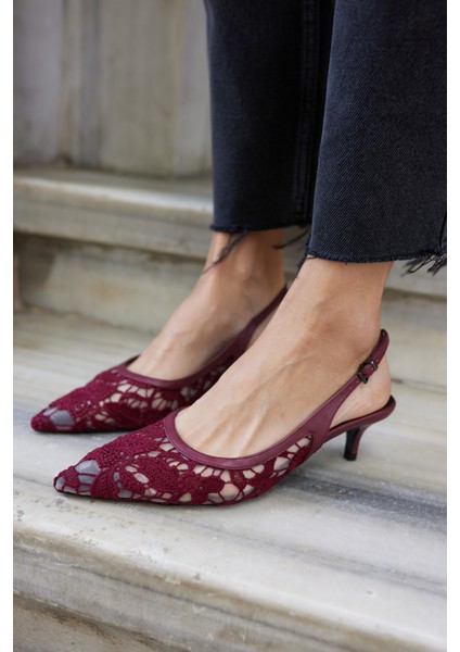 Gris Kadın Bej Dantel Tül Detay Mını Topuklu Ayakkabi