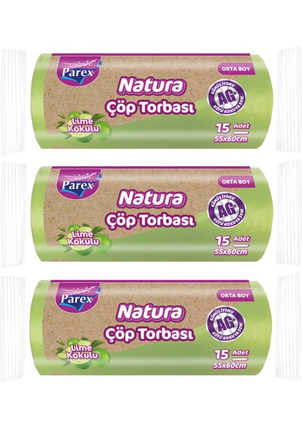 Natura Çöp Torbası Orta Boy 15'li 55 x 60 cm Üçlü Paket