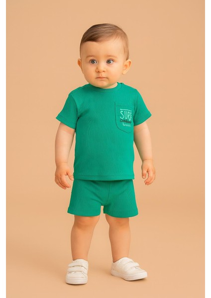 Erkek Bebek Dar Kalıp Ribana Kumaş Cepli Surf Yazılı Şortlu Takım - Yeşil 25143