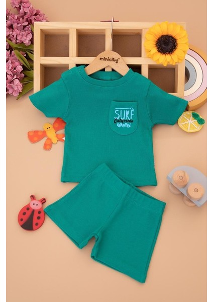 Erkek Bebek Dar Kalıp Ribana Kumaş Cepli Surf Yazılı Şortlu Takım - Yeşil 25143 modelleri
