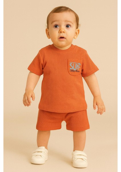 Erkek Bebek Dar Kalıp Ribana Kumaş Cepli Surf Yazılı Şortlu Takım -25143T
