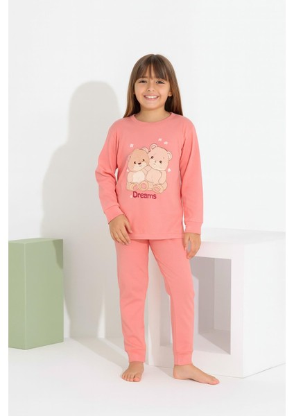 Kız Çocuk Uzun Kollu Pamuklu Ayıcık Baskılı Pijama Takımı 8404P
