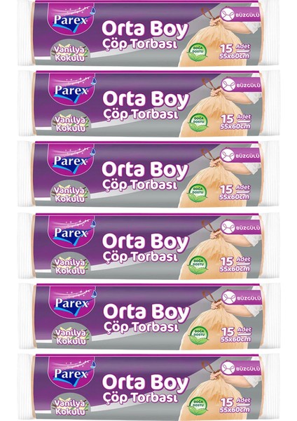 Büzgülü Çöp Torbası Vanilya Kokulu Orta Boy 15'li 55 x 60 cm Altılı Paket