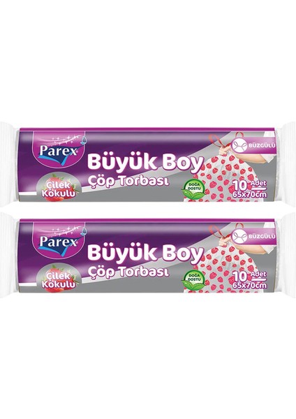 Premium 10'lu Büzgülü Çöp Torbası Çilek Kokulu Büyük Boy 65 x 70 cm Ikili Paket