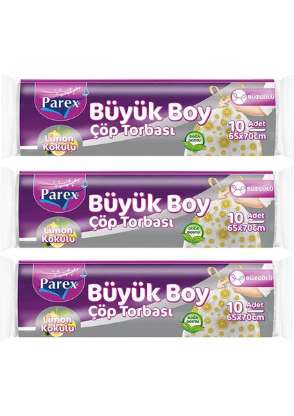 Premium 10'lu Büzgülü Çöp Torbası Limon Kokulu Büyük Boy 65 x 70 cm Üçlü Paket