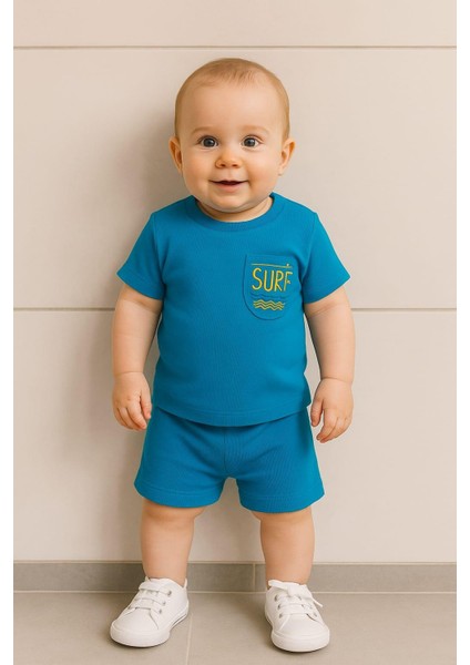 Erkek Bebek Dar Kalıp Ribana Kumaş Cepli Surf Yazılı Şortlu Takım - Mavi 25143 fırsatları