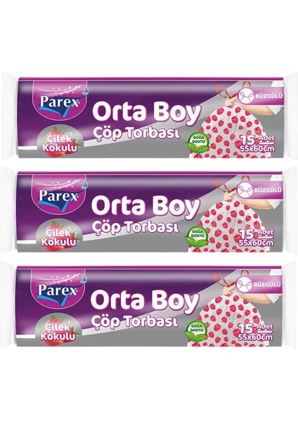 Premium Büzgülü Çöp Torbası Çilek Kokulu Orta Boy 15'li 55 x 60 cm Üçlü Paket